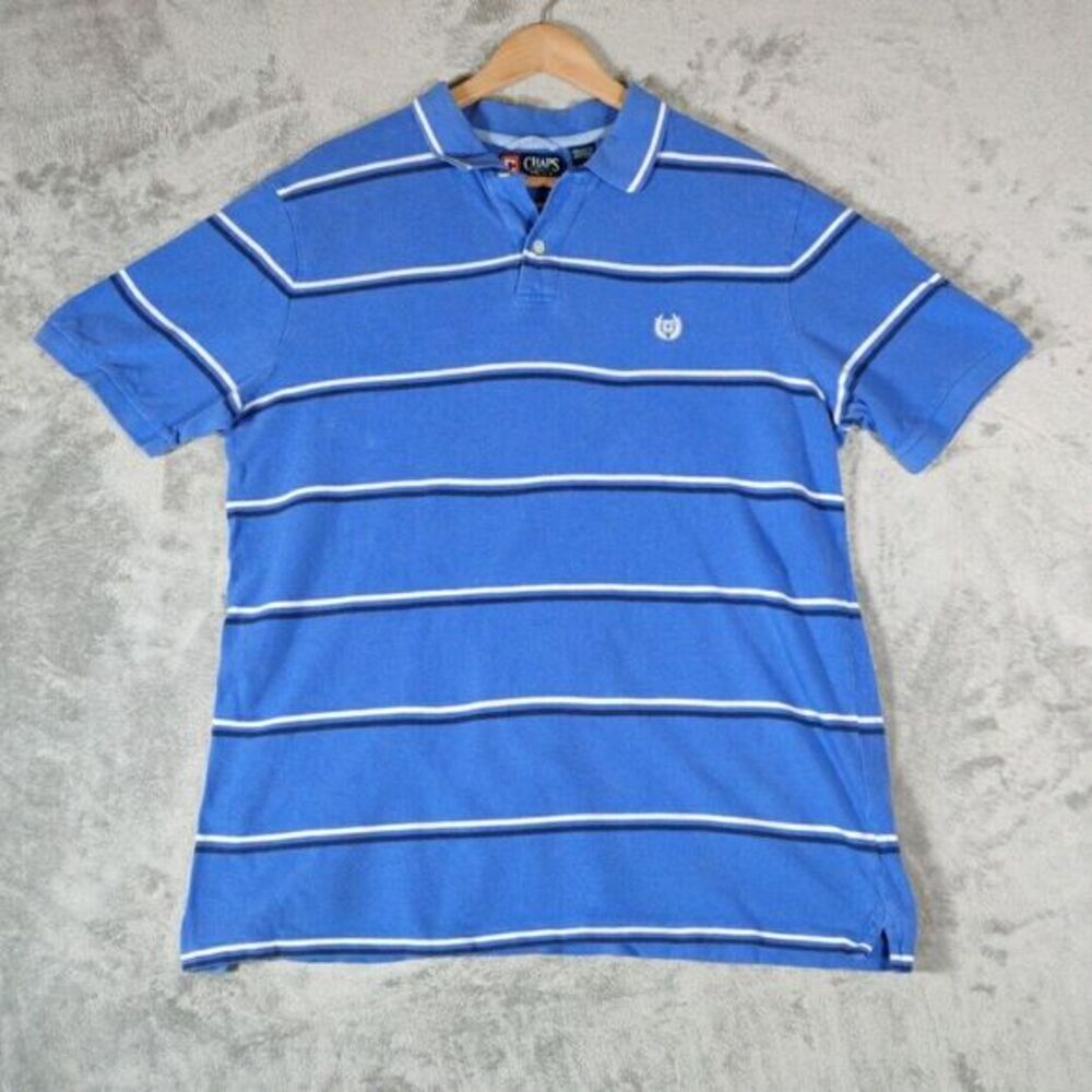 Chaps Shirt Mens XL Blue Striped Short Sleeve Knit Polo With Crest Casual Preppy